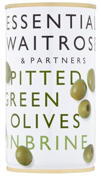 Essential Waitrose Pitted Green Olives In Brine 350G