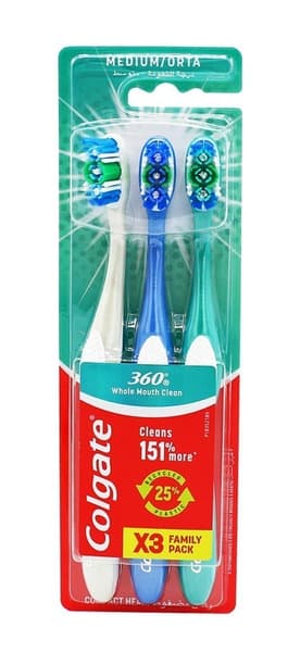 Colgate 360 Medium Toothbrush With Cheek & Tongue Cleaner 3's