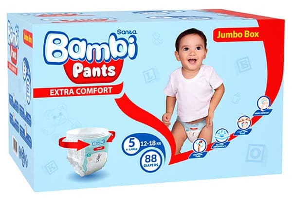 Sanita Bambi Pants Baby Diaper Jumbo Box Size 5 X-Large (12-18Kg) 88Pcs