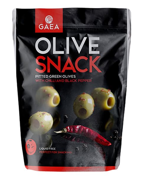 Gaea Pitted Green Olives With Chili And Black Pepper 65G