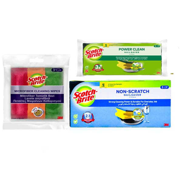 Scotch Brite Non Scratch Scrub Sponge 3Pcs + Power Clean Nail Saver 3Pcs + Microfiber Wipes 3Pcs