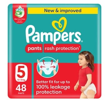 Pampers Rash Protection Pants Diapers Size 5 12 18kg +50% Aloe Vera Lotion 360° Leak Free Fit for up to 100% Leakage Protection Mega Pack 48 Count
