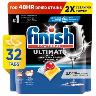 Finish Ultimate Dishwasher Tablets Lemon Sparkle Scent 2x More Cleaning Power 32 tabs
