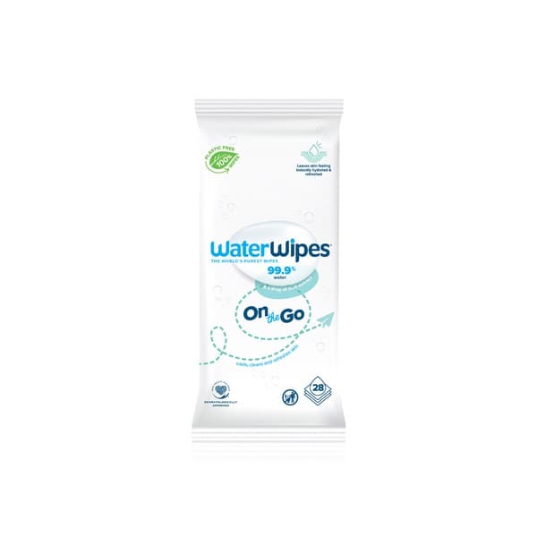 Waterwipes Plastic Free on the Go Wipes, 99.9% Water, Unscented, Gentle on Skin, 28 Wet Wipes