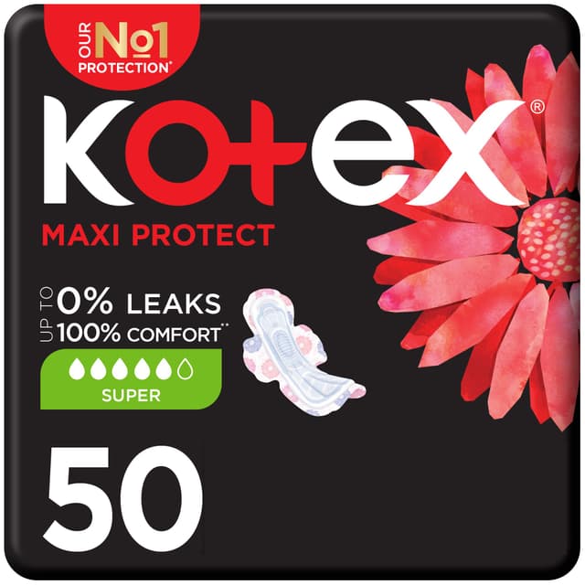 Kotex Maxi Protect Super Pads for Heavy Flow with Wings, 50 Pieces