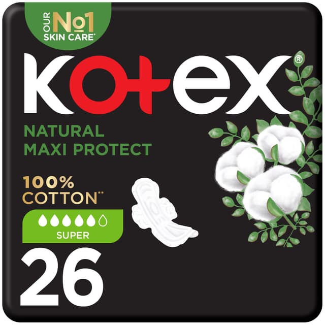 Kotex Hypoallergenic Super Maxi Protect Natural Cotton Sanitary Pads with Wings, 26 Pieces