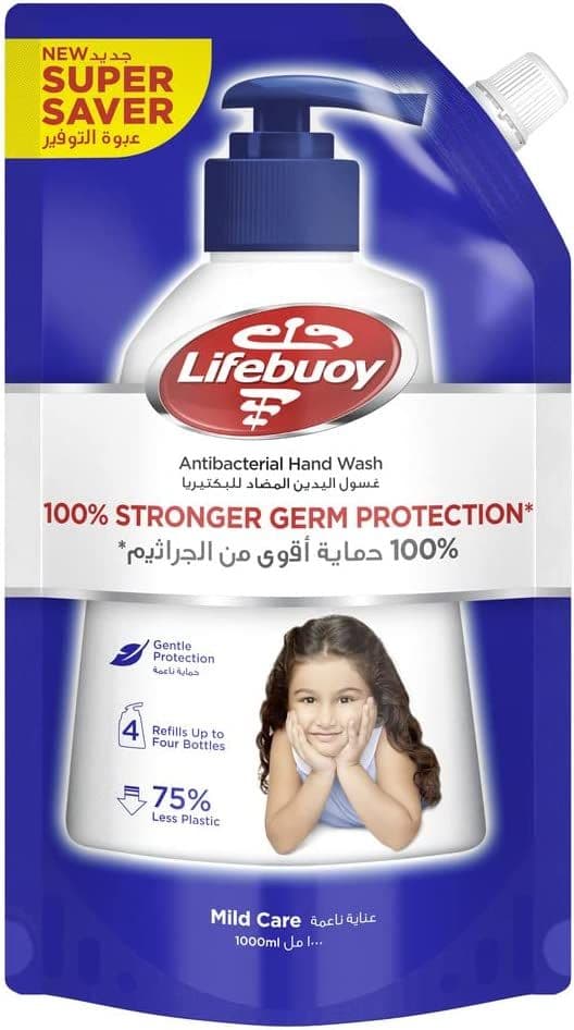 Lifebuoy Antibacterial Liquid Soap And Hand Wash, For Hand Hygiene, Mild Care Refill Pouch, 100% Stronger Germ Protection*, 1000 ml