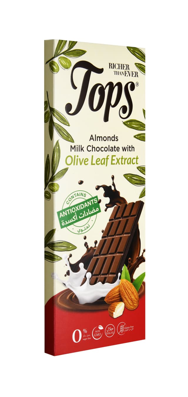توبس شوغر فري ميلك شوكولاته ألمند ويذ أنتي أوكسيدانت، 50g