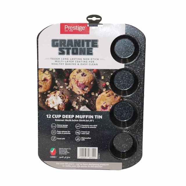 Prestige Granite Stone Deep Muffin Tray 12-Cup Pans Tin, Non-Stick Carbon Steel Baking Pan for Cupcakes Black, Model No. PR48754