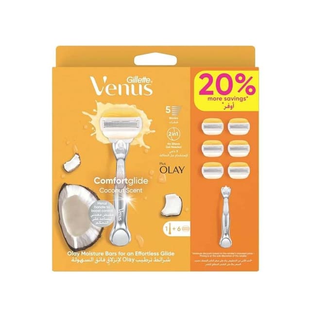 Gillette Venus Coconut Scent Plus Olay Comfortglide Box, 1 Handle + 6 Blades