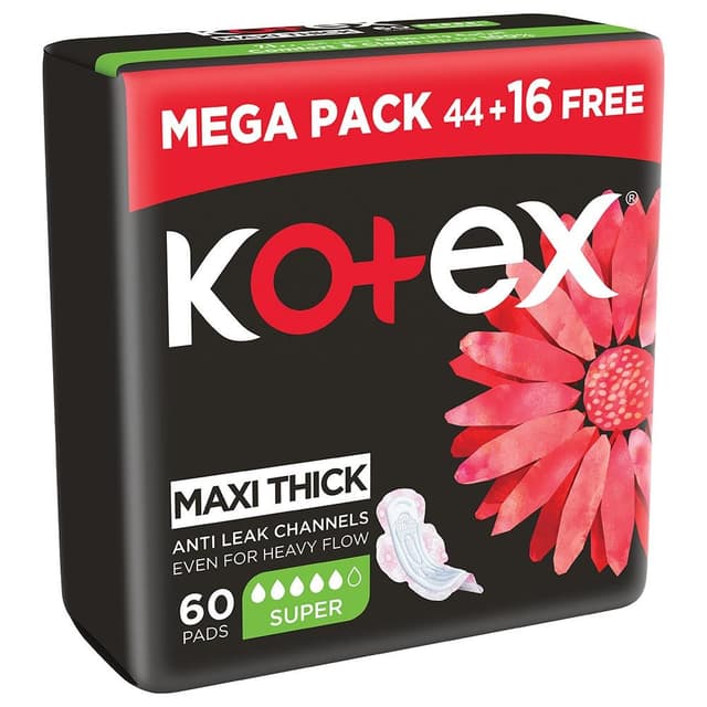 Kotex Maxi Protect Super Pads for Heavy Flow with Wings, 60 Pieces