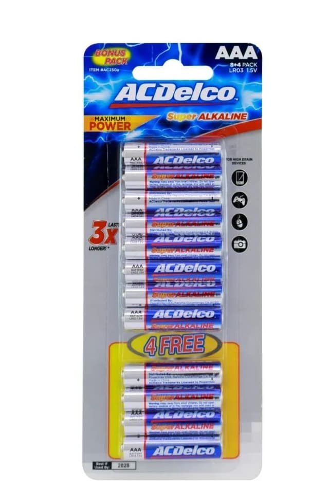AC Delco ألكالاين بليستر كارد AAA بطاريات، 8+4 قطع