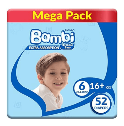 Sanita Bambi Diapers Mega Pack, Size 6, XX Large, 16+, 52 Pieces