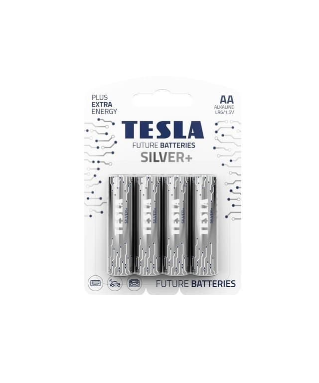 Tesla Silver+ Alkaline AA Batteries, 4 Pieces