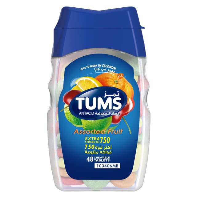 Tums Extra Strength 750mg Chewable Tablets Assorted Fruits, 48 Pieces