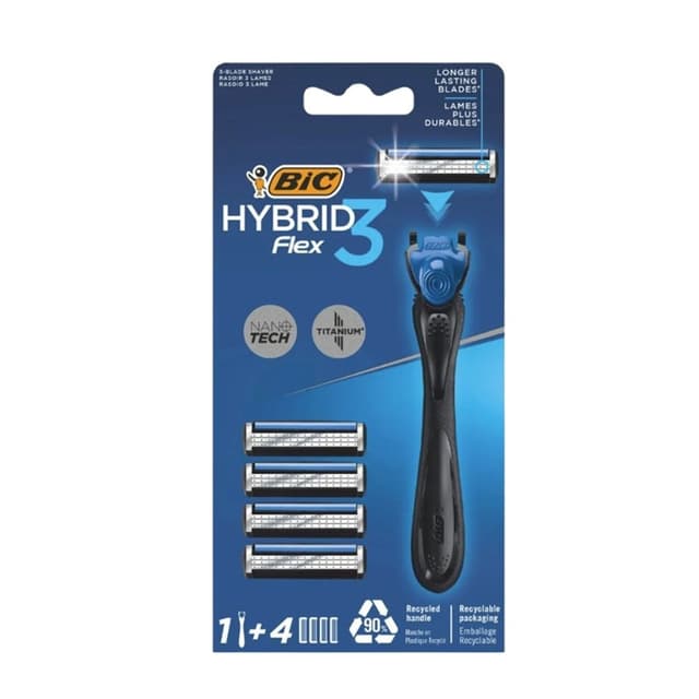 Bic Hybrid 3 Flex Men's Shaver Kit 4 Triple-Blade Cartridges with 1 Handle
