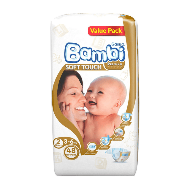 Sanita Bambi Baby Diapers Value Pack, Size 2, Small, 3-6kg, 48 Count