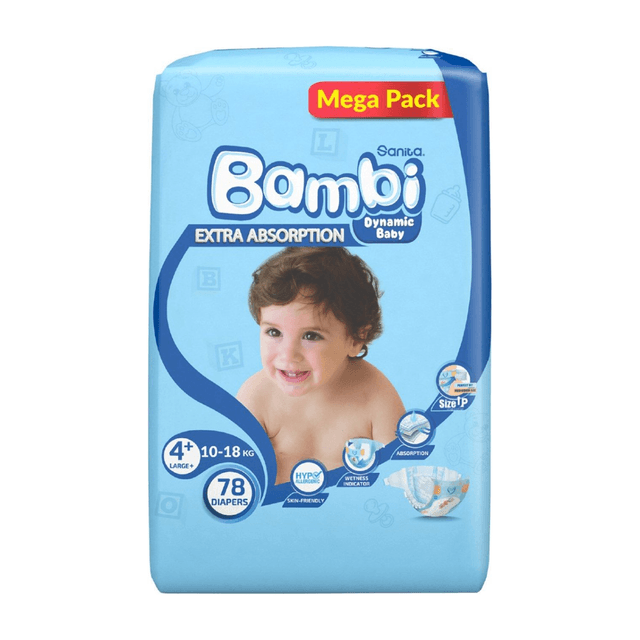 Sanita Bambi Large Baby Diapers Size 4 Plus (10-18kg), 78 Pieces