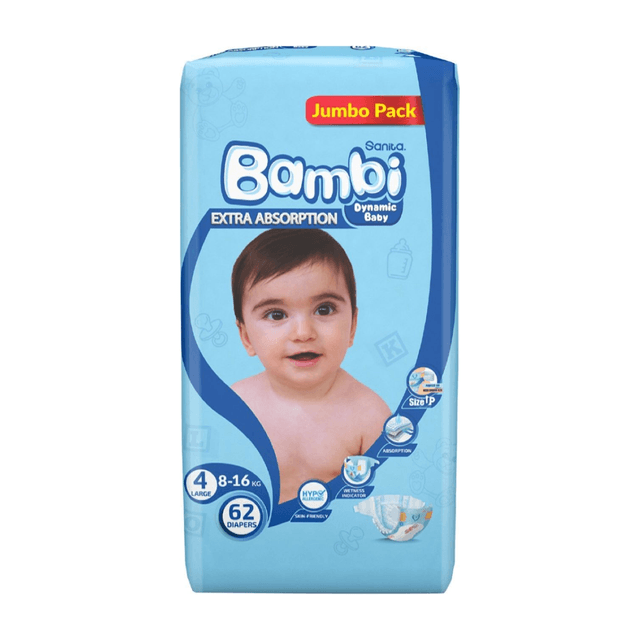 Sanita Bambi Large Baby Diapers Size 4 (8-16kg), 62 Pieces