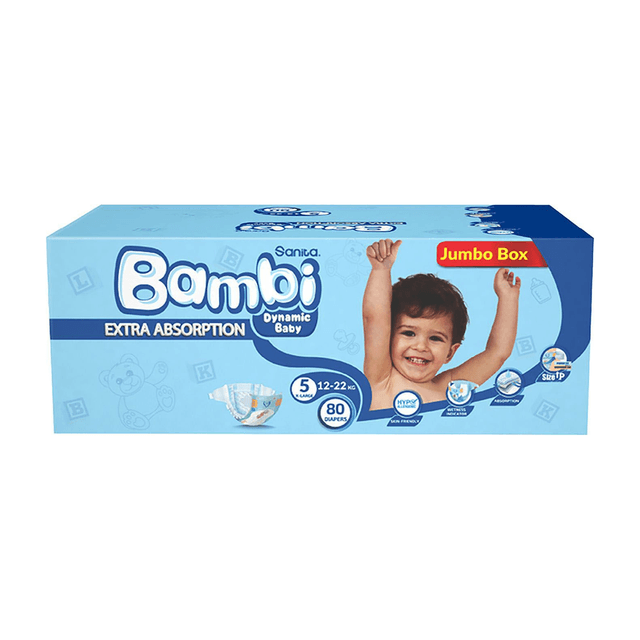 Sanita Bambi Baby Diapers Jumbo Box, Size 5, X-Large, 12-22kg, 80 Count