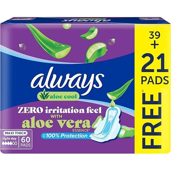 Always Aloe Cool Disposable Pads with Aloe Vera Essence Zero Irritation Long Maxi Thick Pads with Wings, 60 Count