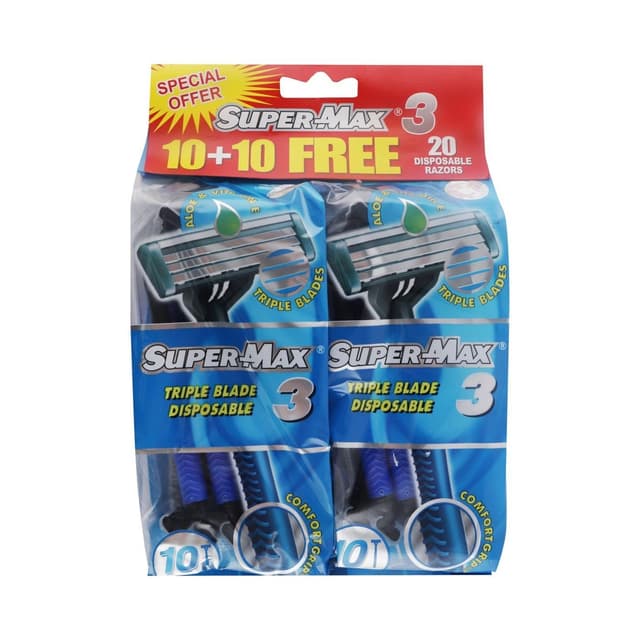 SuperMax Disposable Razors with Comfort Grip for Men, 2 blades×20 pieces