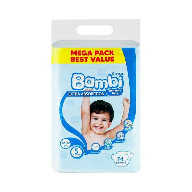 Sanita Bambi Baby Diapers, Size 5, XLarge, 74 Pieces