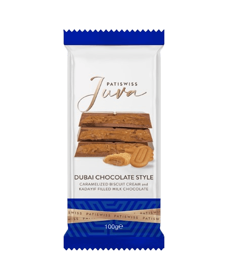 Patiswiss Juva Dubai Chocolate Style Caramelized Biscuit Cream & Kadayif Filled Milk Chocolate Tablets, 100g