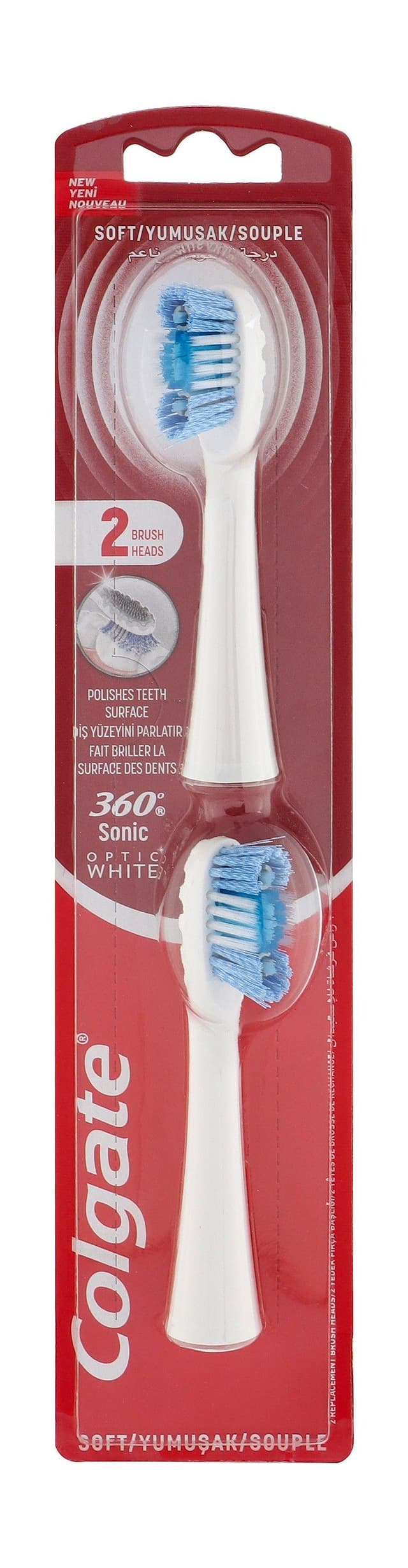 Colgate 360 Degree Sonic Optic White & Blue Soft Toothbrush Replacement Heads, 2 Pieces