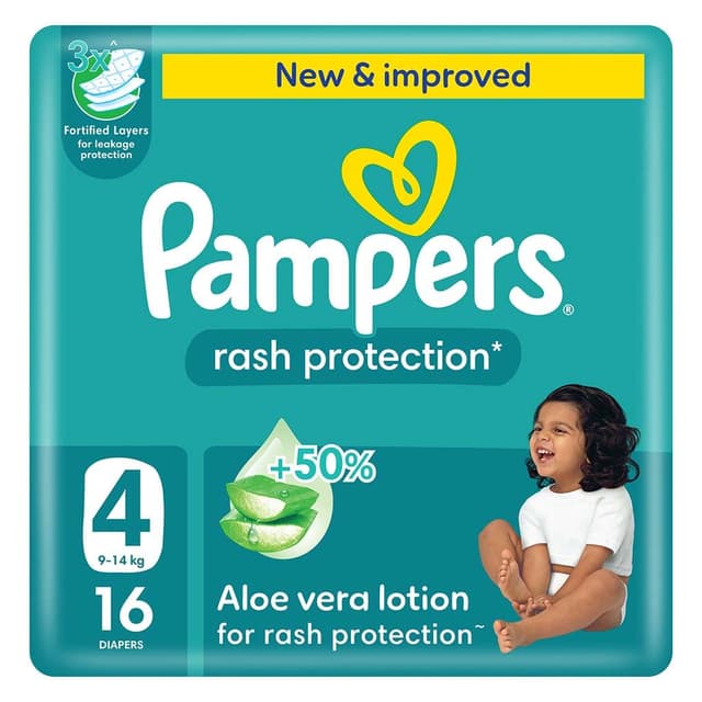 Pampers Rash Protection Diapers with Aloe Vera Lotion, Size 4, 9-14kg, 16 Pieces