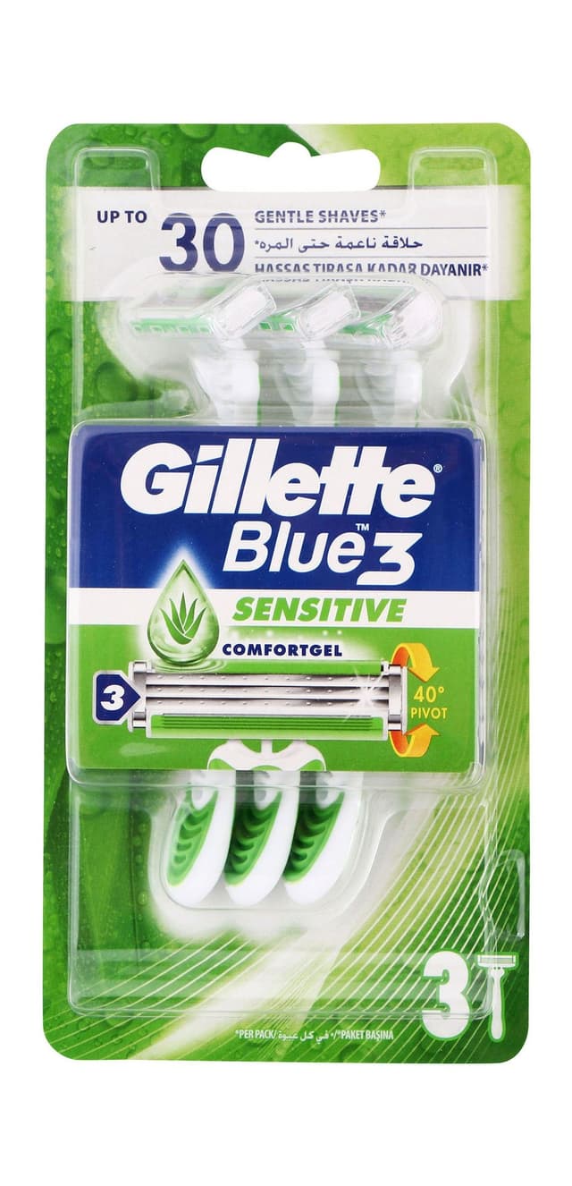 Gillette Blue 3 Shaving Razors with Comfort Gel for Sensitive Skin, 3 Pieces