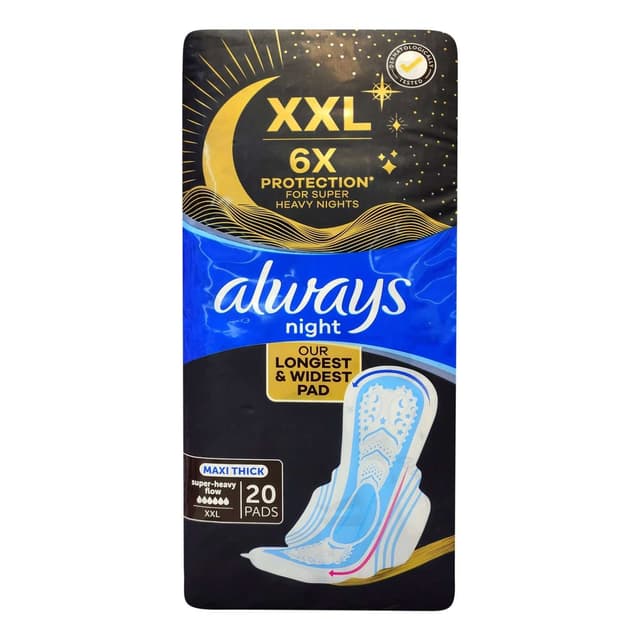 Always XXL Maxi Thick Heavy Night Protection Pads with Wings, 20 Pieces