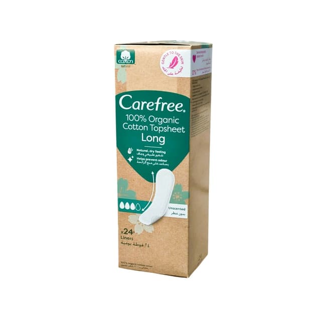Carefree 100% Organic Cotton Topsheet Unscented Long Pad Liners, 24 Pieces