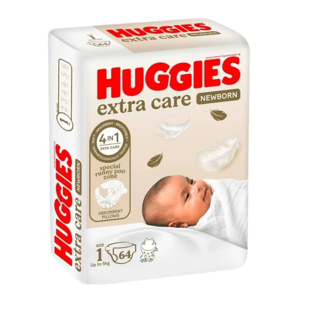 Huggies Extra Care New Born Diapers Size 1 up to 5 kg, 64 pcs