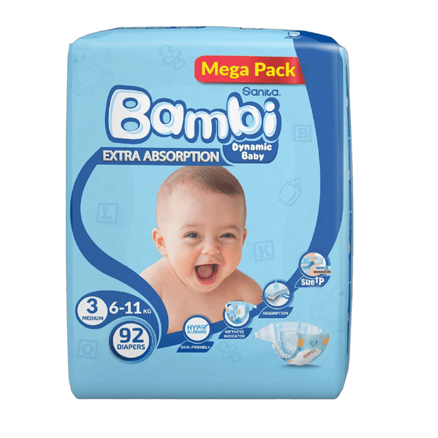 Sanita Bambi Baby Diapers Mega Pack, Size 3, Medium, 6-11kg, 92 Count