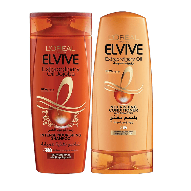 L'Oreal Elvive Extraordinary Oil Intense Nourishing Shampoo with Jojoba Oil for Very Dry Hair (400ml) & Nourishing Conditioner (360ml) for Normal to Dry Hair, 1 bundle