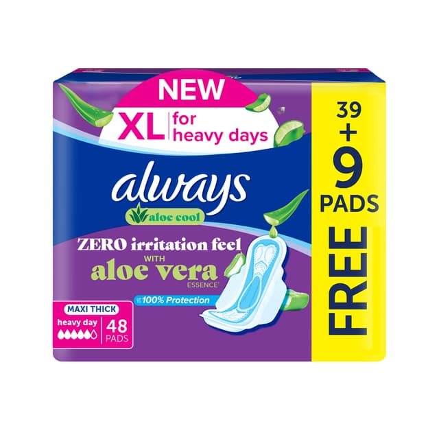 Always Aloe Cool Maxi Thick XL Pads Aloe Vera Scent with Wings, 48 Pieces