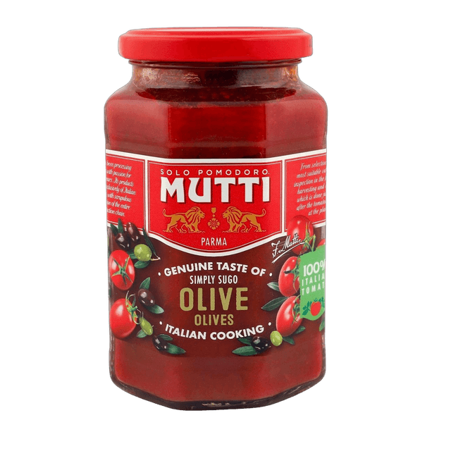 Mutti Tomato Sauce with Olives Glass Jar, 400g