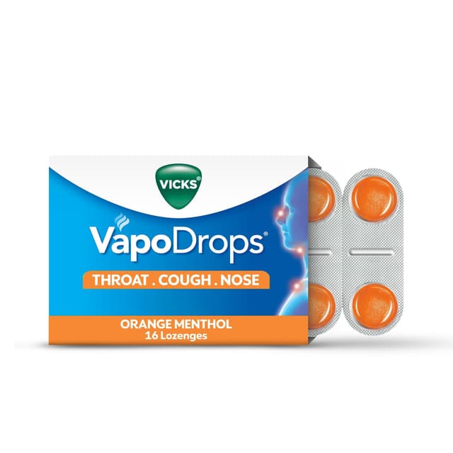 Vicks VapoDrops, Orange Menthol, Soothes & Relieves Sore Throat, Cough & Blocked Nose, 16 Lozenges