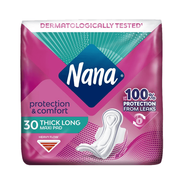 Nana Protection & Comfort Maxi Thick Long Pads with Wings for Heavy Flow, 30 Pieces