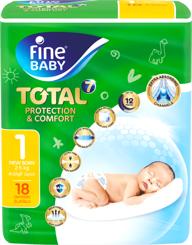 Fine Baby Total 7 Diapers, Size 1, Newborn, 2-5kg, 18 Pieces