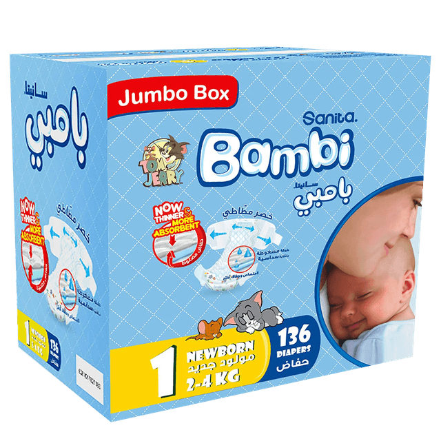 Sanita Bambi Baby Diaper Newborn Jumbo, 136 Pieces