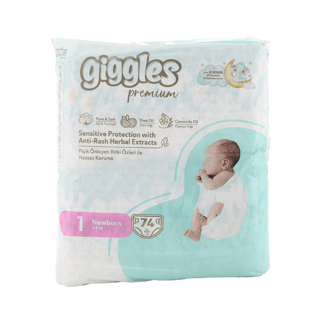 Giggles Premium New Born Baby Diapers Jumbo Pack, Size 1, 2-5kg, 74 Pieces
