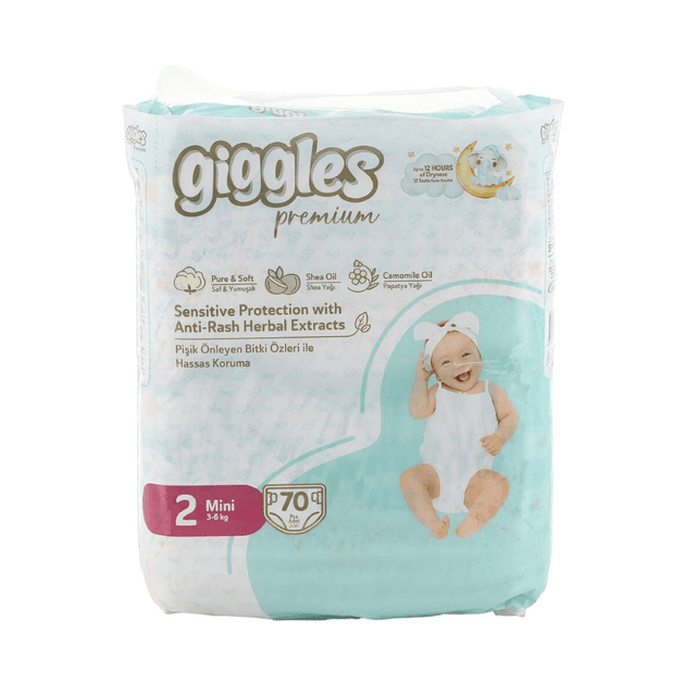 Giggles Premium Mini Baby Diapers Jumbo Pack, Size 2, 3-6kg, 70 Pieces