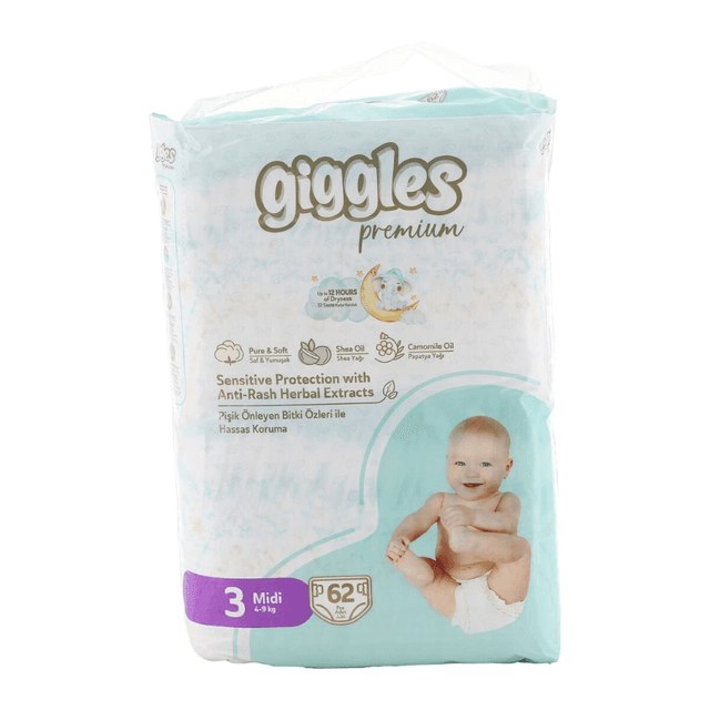 Giggles Premium Midi Baby Diapers Jumbo Pack, Size 3, 4-9kg, 62 Pieces