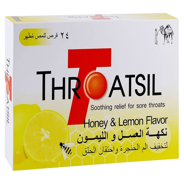 THROATSIL SORE THROATS HONEY & LEMON FLAVOR 24S