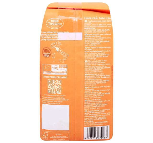 Pasta Toscana Bio Integrale Whole Wheat Organic Penne Rigate No 98 500 G