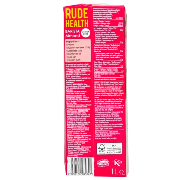 Rude Health Almond Barista Drink No Added Sugar 1 Litre