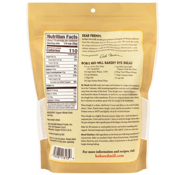 Bobs Red Mill Organic Stone Ground Dark Rye Flour 567 G