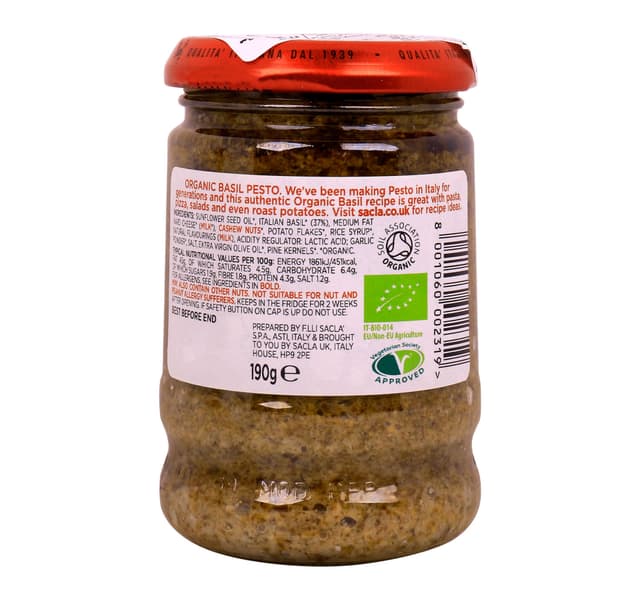 Sacla Organic Basil Pesto Vegetarian Recipe 190 G